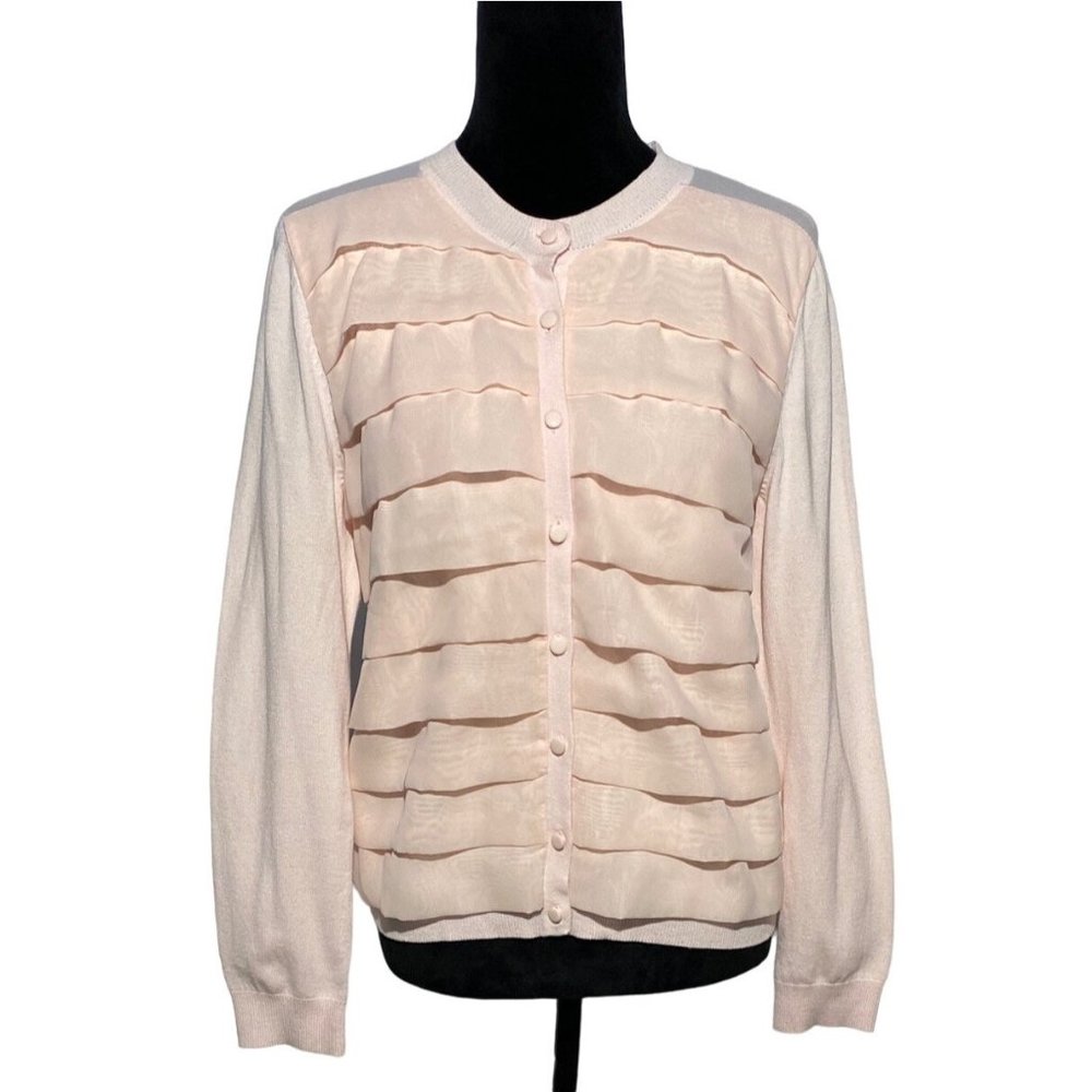 Sunny M Cardigan Sweater Blush Pink Work Party‎ Blue Pink Tiered Chiffon Long Sl
